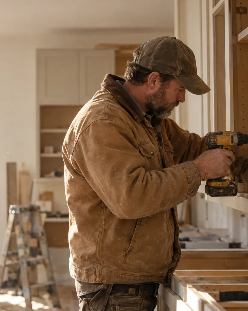 A contractor installing kitchen cabinets, too busy to answer the phone